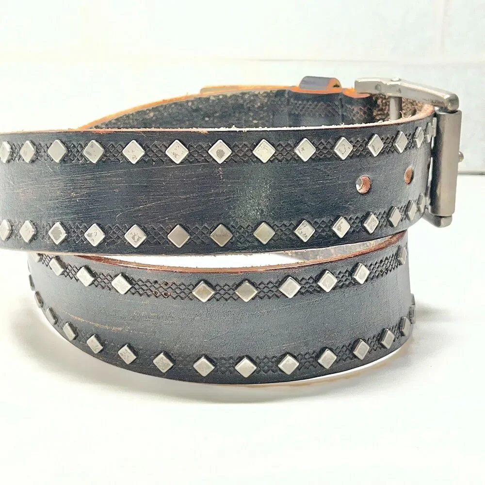 Vtg Calvin Klein Studded Brown Leather Distressed Womens Belt Size M L 34-38
